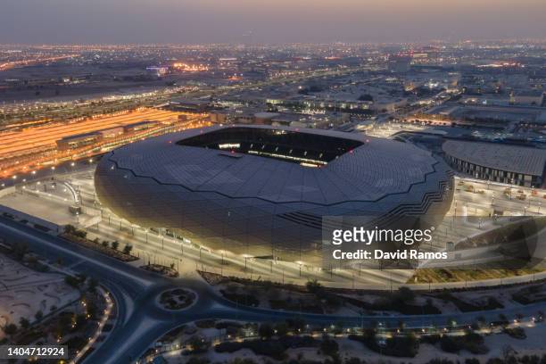 An aerial view of Education City stadium at sunrise on June 22, 2022 in Al Rayyan, Qatar. Education City stadium, designed by Fenwick-Iribarren...