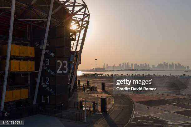 An aerial view of 974 stadium at sunset on June 21, 2022 in Doha, Qatar. 974 stadium is a host venue of the FIFA World Cup Qatar 2022 starting in...