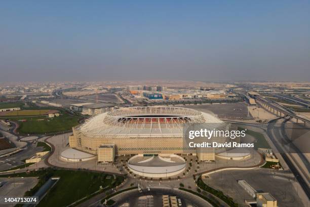 An aerial view of Ahmad Bin Ali stadium at sunset on June 23, 2022 in Al Rayyan, Qatar. Ahmad Bin Ali stadium, designed by Pattern Design studio is a...