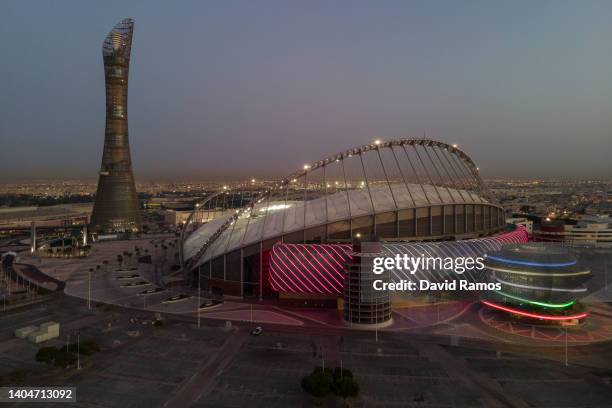 An aerial view of Khalifa Stadium stadium at sunrise on June 22, 2022 in Doha, Qatar. Khalifa Stadium stadium is a host venue of the FIFA World Cup...