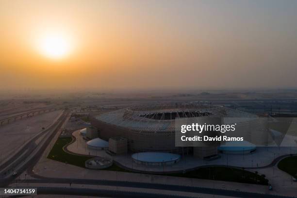 An aerial view of Ahmad Bin Ali stadium at sunset on June 23, 2022 in Al Rayyan, Qatar. Ahmad Bin Ali stadium, designed by Pattern Design studio is a...