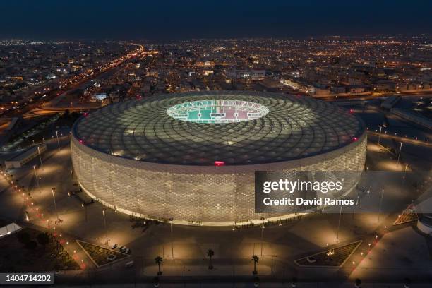 An aerial view of Al Thumama stadium at sunset on June 22, 2022 in Doha, Qatar. Designed by the architect Ibrahim M. Jaidah, the stadium’s bold,...