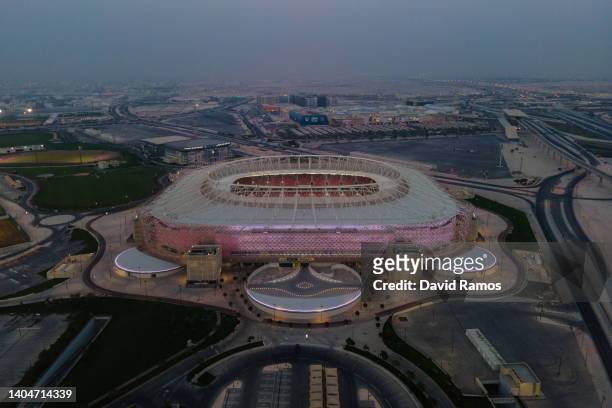 An aerial view of Ahmad Bin Ali stadium at sunset on June 23, 2022 in Al Rayyan, Qatar. Ahmad Bin Ali stadium, designed by Pattern Design studio is a...