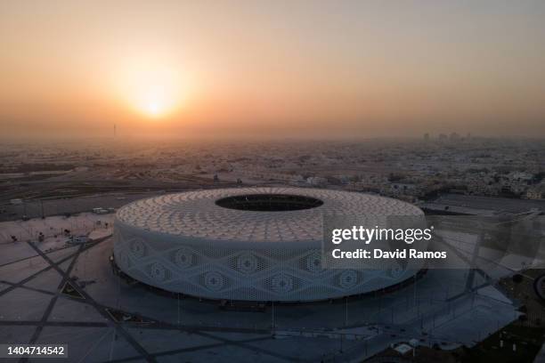 An aerial view of Al Thumama stadium at sunset on June 22, 2022 in Doha, Qatar. Designed by the architect Ibrahim M. Jaidah, the stadium’s bold,...