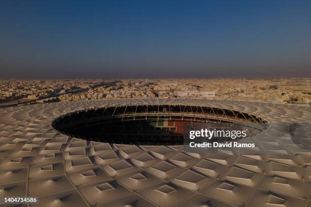 An aerial view of Al Thumama stadium at sunset on June 22, 2022 in Doha, Qatar. Designed by the architect Ibrahim M. Jaidah, the stadium’s bold,...