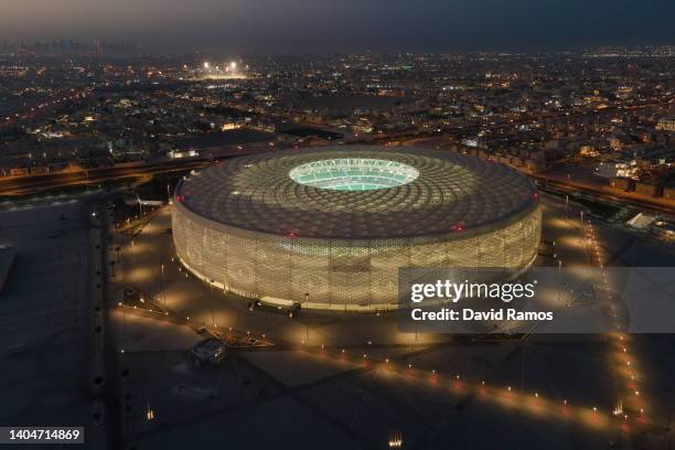 An aerial view of Al Thumama stadium at sunset on June 22, 2022 in Doha, Qatar. Designed by the architect Ibrahim M. Jaidah, the stadium’s bold,...