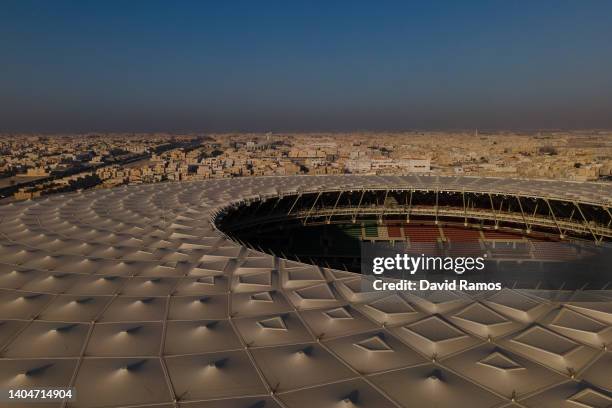 An aerial view of Al Thumama stadium at sunset on June 22, 2022 in Doha, Qatar. Designed by the architect Ibrahim M. Jaidah, the stadium’s bold,...