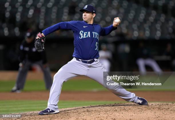 Tommy Milone of the Seattle Mariners pitches against the Oakland Athletics in the bottom of the ninth inning at RingCentral Coliseum on June 22, 2022...