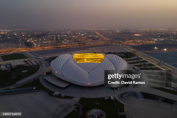 An aerial view of Al Janoub stadium at sunrise on June 21, 2022 in Al Wakrah, Qatar. Al Janoub stadium is a host venue of the FIFA World Cup Qatar...