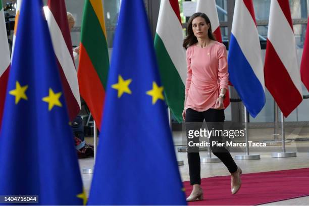 Finish Prime Minister Sanna Mirella Marin arrives at the EU Council Meeting on June 23, 2022 in Brussels, Belgium. EU and Western Balkans leaders are...