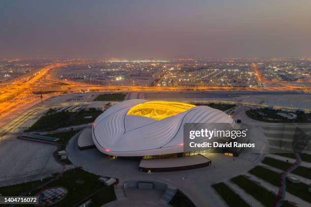 An aerial view of Al Janoub stadium at sunrise on June 21, 2022 in Al Wakrah, Qatar. Al Janoub stadium is a host venue of the FIFA World Cup Qatar...