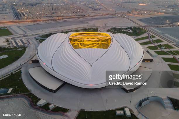 An aerial view of Al Janoub stadium at sunrise on June 21, 2022 in Al Wakrah, Qatar. Al Janoub stadium is a host venue of the FIFA World Cup Qatar...