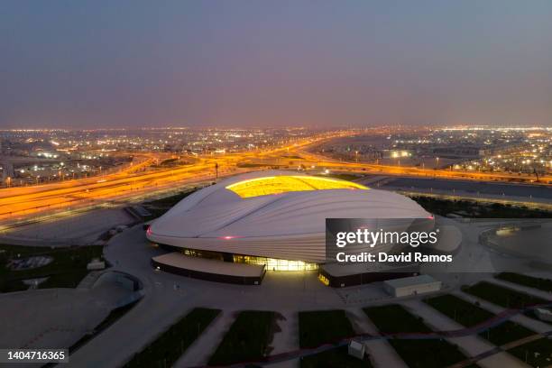 An aerial view of Al Janoub stadium at sunrise on June 21, 2022 in Al Wakrah, Qatar. Al Janoub stadium is a host venue of the FIFA World Cup Qatar...