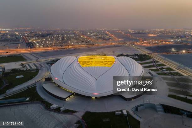 An aerial view of Al Janoub stadium at sunrise on June 21, 2022 in Al Wakrah, Qatar. Al Janoub stadium is a host venue of the FIFA World Cup Qatar...