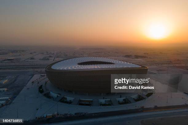 An aerial view of Lusail Stadium at sunset on June 19, 2022 in Doha, Qatar. The 80,000-seat stadium, designed by Foster + Partners studio, will host...