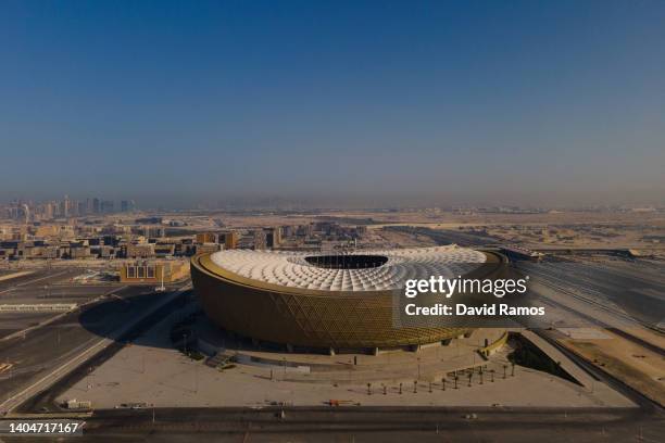 An aerial view of Lusail Stadium at sunset on June 19, 2022 in Doha, Qatar. The 80,000-seat stadium, designed by Foster + Partners studio, will host...