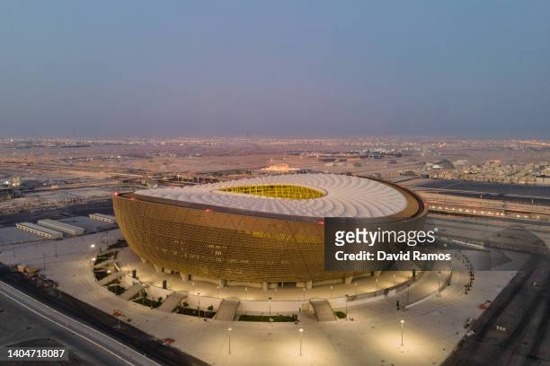An aerial view of Lusail Stadium at sunrise on June 20, 2022 in Doha, Qatar. The 80,000-seat stadium, designed by Foster + Partners studio, will host...