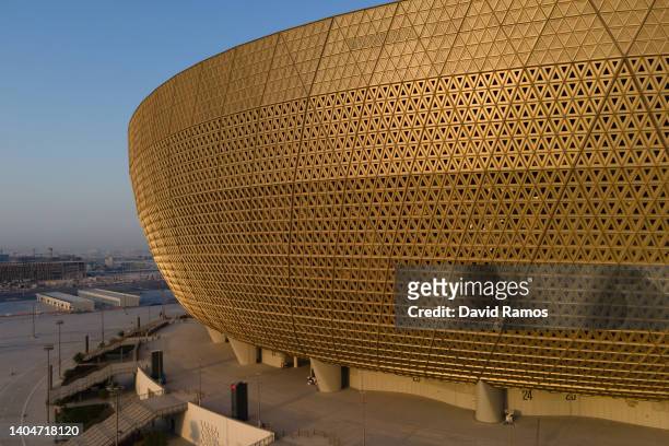 An aerial view of Lusail Stadium at sunrise on June 20, 2022 in Doha, Qatar. The 80,000-seat stadium, designed by Foster + Partners studio, will host...