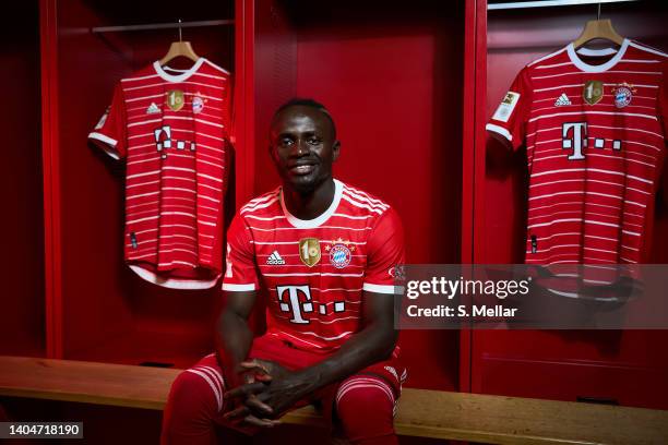 Sadio Mane poses in the dressing room after his presentation as new player of FC Bayern München at Allianz Arena on June 22, 2022 in Munich, Germany.