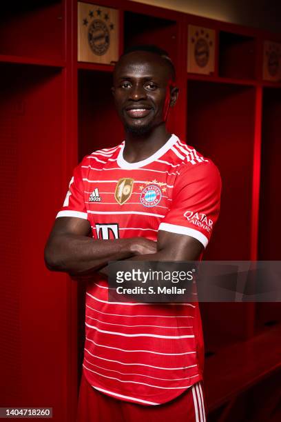 Sadio Mane poses in the dressing room after his presentation as new player of FC Bayern München at Allianz Arena on June 22, 2022 in Munich, Germany.