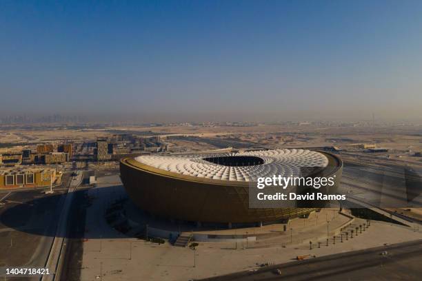 An aerial view of Lusail Stadium at sunset on June 19, 2022 in Doha, Qatar. The 80,000-seat stadium, designed by Foster + Partners studio, will host...