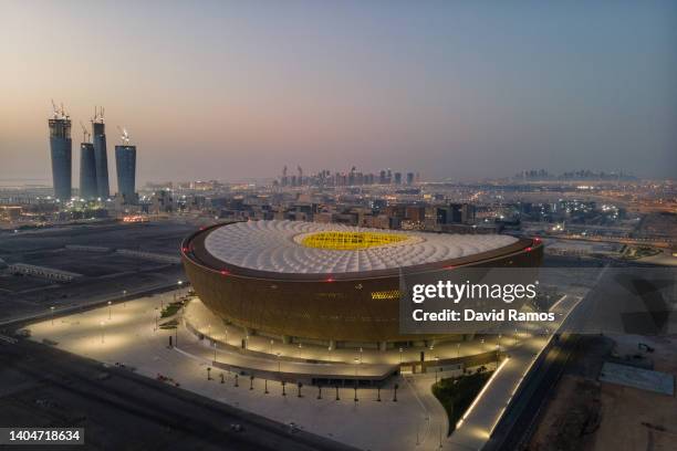 An aerial view of Lusail Stadium at sunrise on June 20, 2022 in Doha, Qatar. The 80,000-seat stadium, designed by Foster + Partners studio, will host...