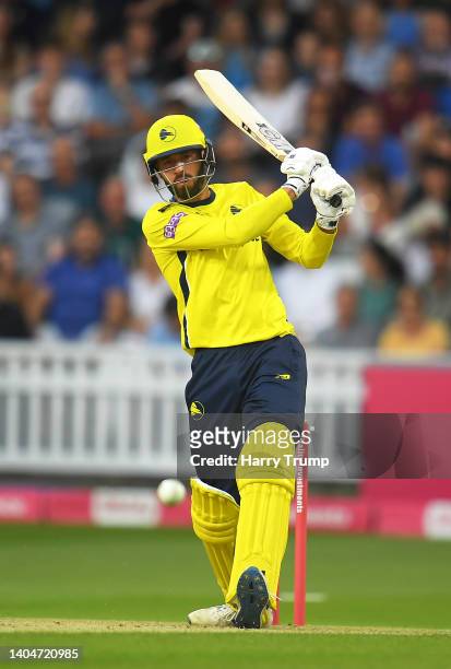 James Vince of Hampshire Hawks plays a shot during the Vitality T20 Blast match between Somerset and Hampshire Hawks at The Cooper Associates County...