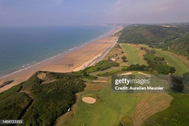 An aerial view of the 10th hole green next to the shores during Day One of the Blot Open de Bretagne at Golf Blue-Green Pleneuf-Val Andre on June 23,...