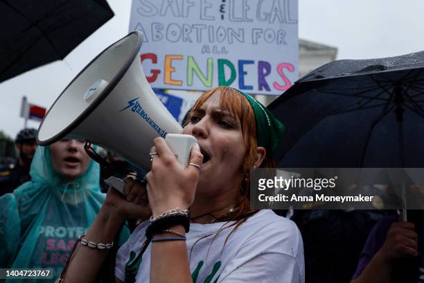 Abortion rights activists protest outside the U.S. Supreme Court Building on June 23, 2022 in Washington, DC. The Court announced a...