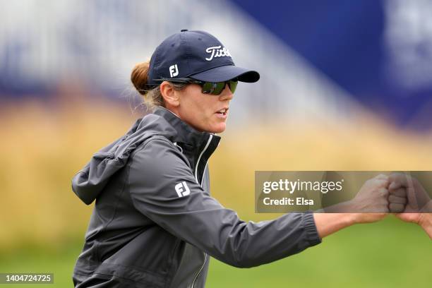 Cydney Clanton of the United States reacts after putting on the ninth green during the first round of the KPMG Women's PGA Championship at...