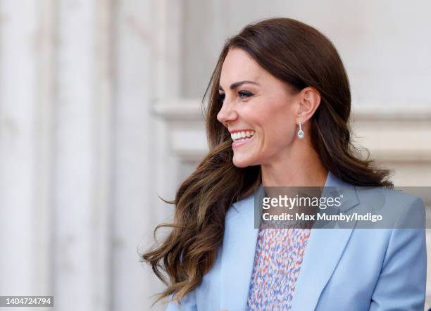 Catherine, Duchess of Cambridge departs after visiting the Fitzwilliam Museum during an official visit to Cambridgeshire on June 23, 2022 in...
