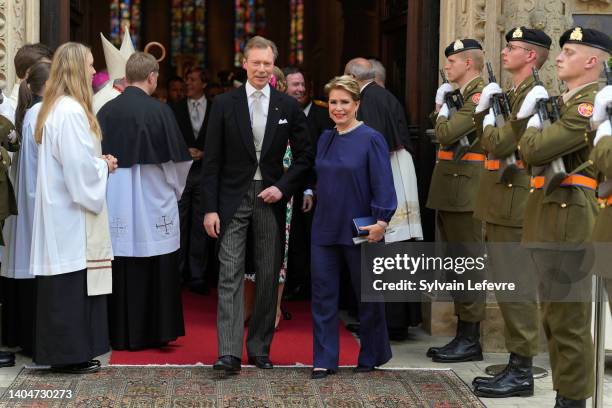 Grand Duke Henri of Luxembourg and Grand Duchess Maria Teresa of Luxembourg leaves the Cathedral after the Te Deum of National Day on June 23, 2022...