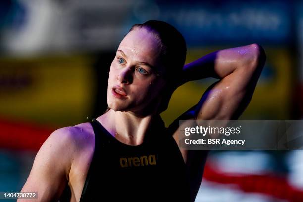 Maaike de Waard of the Netherlands after competing in the Women's 50m Butterfly Semi Finals during the FINA World Aquatics Championships Swimming at...