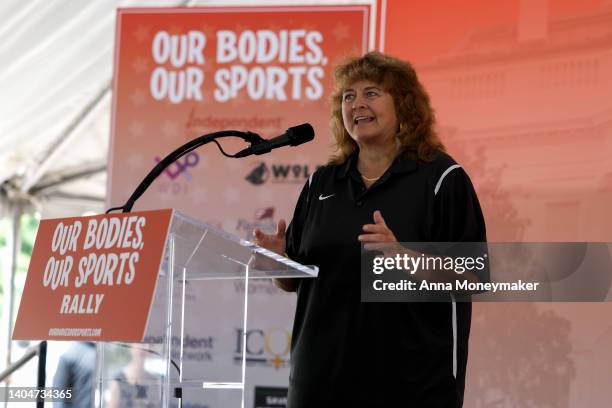 Barbara Ehardt, a former Idaho State Representative and athlete, speaks during the "Our Bodies, Our Sports" rally for the 50th anniversary of Title...