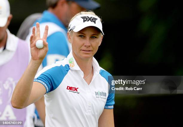 Ryann O'Toole celebrates after he putt on the 14th green during the first round of the KPMG Women's PGA Championship at Congressional Country Club on...