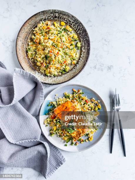 plate of fried rice with roasted salmon on white background - geroosterde zalm stockfoto's en -beelden