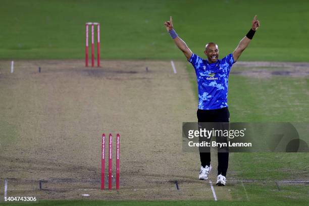 Tymal Mills of Sussex Sharks celebrates winning the T20 Vitality Blast match between Sussex Sharks and Surrey at the 1st Central County Ground on...