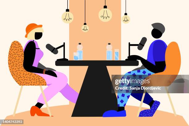 female radio host interviewing guests on radio station - radio host stock illustrations