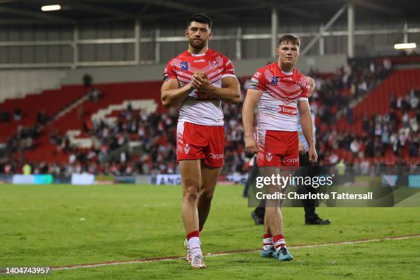 Dan Norman of St Helens applauds fans after the Betfred Super League between St Helens and Leeds Rhinos at Totally Wicked Stadium on June 23, 2022 in...