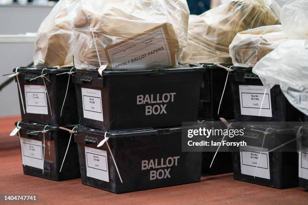 The first ballot boxes arrive at Thornes Park Athletics Stadium during the Wakefield by-election on June 23, 2022 in Wakefield, England. The...