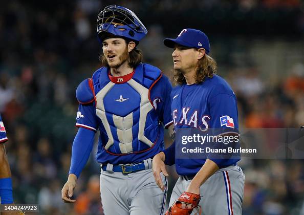 Texas Ranger Heim Catcher Jonah Heim of the Texas Rangers celebrates with pitcher... News ...