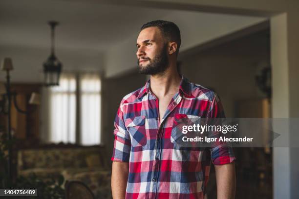 portrait of a young man at home - man wearing plaid shirt stock pictures, royalty-free photos & images