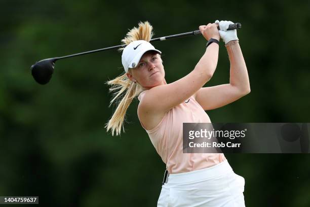Frida Kinhult of Sweden plays her shot from the 18th tee during the first round of the KPMG Women's PGA Championship at Congressional Country Club on...