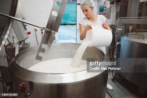 woman pouring a bucket of milk in a large industrial pot - dairy factory stock pictures, royalty-free photos & images