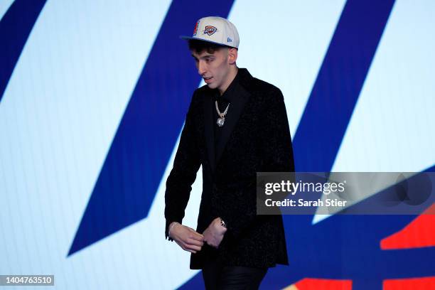 Chet Holmgren looks on after being drafted 2nd overall by the Oklahoma City Thunder during the 2022 NBA Draft at Barclays Center on June 23, 2022 in...