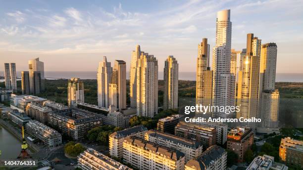 morgendämmerung in puerto madero und geschäftsgebäuden - puerto madero stock-fotos und bilder