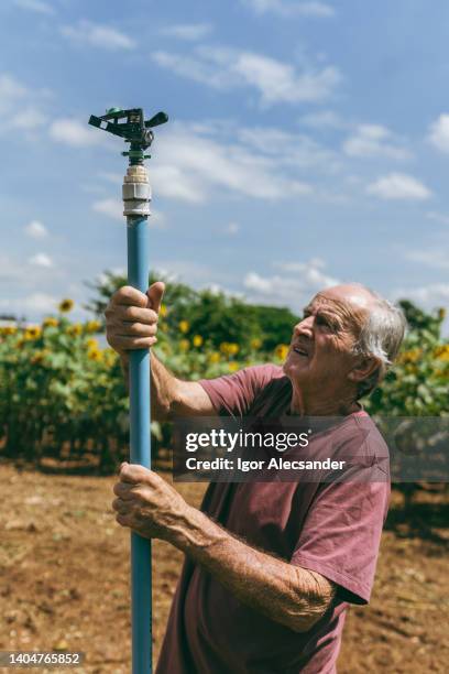 man installing farm irrigation system - sao paulo field stock pictures, royalty-free photos & images