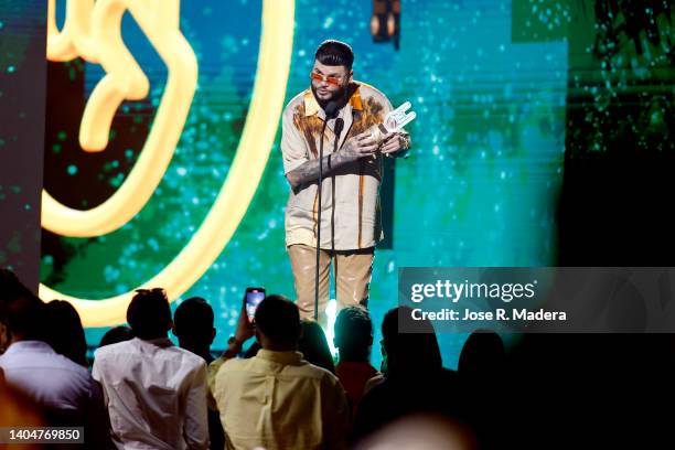 Farruko speaks onstage during Premios Tu Música Urbano 2022 on June 23, 2022 in San Juan, Puerto Rico.