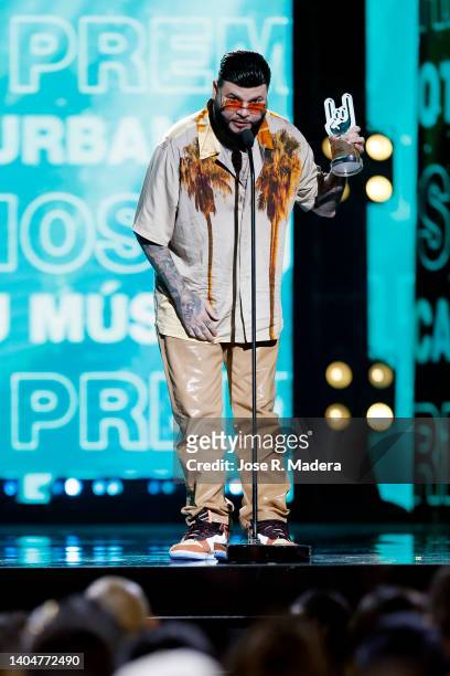 Farruko speaks onstage during Premios Tu Música Urbano 2022 on June 23, 2022 in San Juan, Puerto Rico.