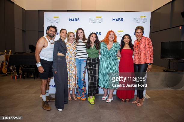Nardeep Khurmi, Angela Sarafyan, Brianne Howey, Geena Davis, Chelsea Javier, Ashlie Atkinson, Aizzah Fatima and Candice Chang pose for a photo during...